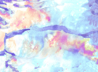 Watercolor colorful texture. Watercolor splashes handmade. Rainbow colors. Violet, pink, blue, red and yellow background. Art element for creative design.