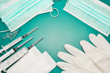 Medical equipment. Coronavirus protection. Medical face mask. Sterile gloves. Syringe and drugs....