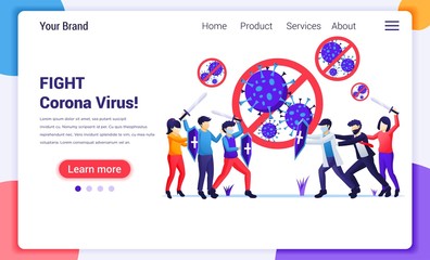 People fight with virus, fight Covid-19, vaccine cure for Corona virus concept. Modern flat web page design for website and mobile website development. Vector illustration