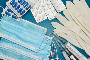 Medical equipment. Coronavirus protection. Medical face mask. Sterile gloves. Syringe and drugs....