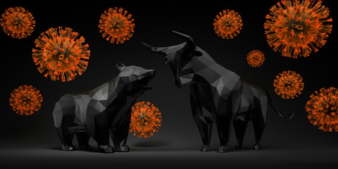 Bull and bear with corona virus - 3D illustration - obrazy, fototapety, plakaty