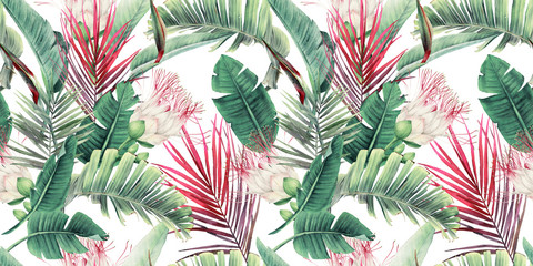 Seamless floral pattern with tropical flowers and leaves on light background. Template design for textiles, interior, clothes, wallpaper. Watercolor illustration