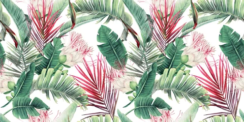 Keuken foto achterwand Bestsellers Naadloos bloemenpatroon met tropische bloemen en bladeren op lichte achtergrond. Sjabloonontwerp voor textiel, interieur, kleding, behang. Aquarel illustratie
