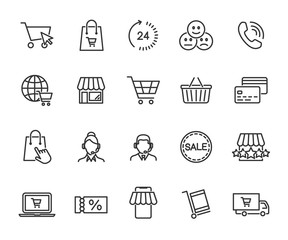 Vector set of online shopping line icons. Contains icons online store, feedback, shopping cart, delivery, support, payment card and more. Pixel perfect. - obrazy, fototapety, plakaty