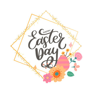 Colorful Happy Easter greeting card with flowers eggs and rabbit elements composition. EPS10 vector file organized in layers for easy editing.
