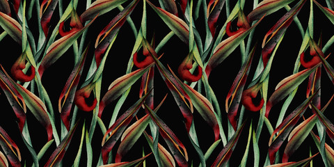 Panele Szklane Podświetlane  Seamless floral pattern with strelitzia on dark background. Template design for textiles, interior, clothes, wallpaper. Watercolor illustration