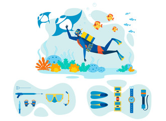 Snorkeling Equipment Flat Vector Illustrations Set. Speargun, Snorkel Spearfishing Tools and Instruments. Diver Exploring Underwater Marine Life, Flora and Fauna. Scuba Diving Extreme Hobby