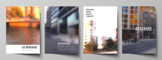 Vector layout of A4 cover mockups design templates for brochure, flyer, booklet, cover design, book design, brochure cover. Abstract halftone effect decoration with dots. Dotted pattern decoration.