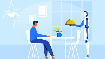 Obraz premium Robot Waiter Serving Man in Restaurant Flat Vector Illustration. Cartoon Male Character Sitting at Table in Modern Cafe. Artificial Intellect Offers Person Tray with Dishes in Restauran. Giving Food.