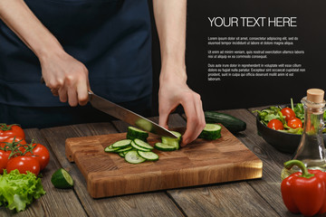 Woman cooking fresh vegetable salad. Female hands. Diet concept for healthy lifestyle with sample text.