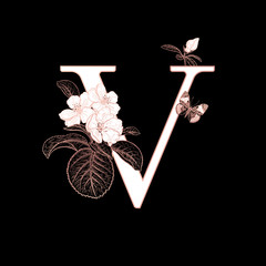 Decorations with letter V, flowering sakura branches and butterfly.