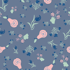 Pears, gooseberries, and flowers seamless vector pattern. Folk inspired farm fruit themed surface print design. Great for fabrics, stationery and packaging.