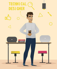 Man in Jeans and White Sweater. Man Coffee in Hand in Office. Technical Designer. Design Studio. Office Interior. Creative Appearance. Vector Illustration. Design Project. Presentation Project.