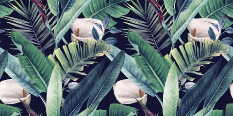 Nahtloses Blumenmuster mit tropischen Blättern auf dunklem Hintergrund. Vorlagendesign für Textilien, Interieur, Kleidung, Tapeten. Aquarell-Illustration © ola-la