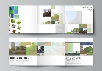 Vector layout of square format covers design templates for trifold brochure, flyer, cover design, book design, brochure cover. Abstract project with clipping mask green squares for your photo.