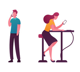 Wifi Accessory for Smartphone Poor Level Battery Charge Concept. Male and Female Character Using Wireless Pad for Induction Charging, Cordless Electrical Device. Cartoon People Vector Illustration