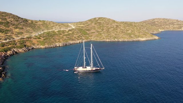 Aerial view of a yaht moored near Spinalonga Island, Crete, Greece