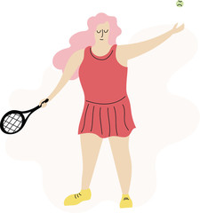 Tennis player in motion flat hand drawn illustration. Sportswoman Young girl in scandinavian sports style. The concept of an active lifestyle. Vector.