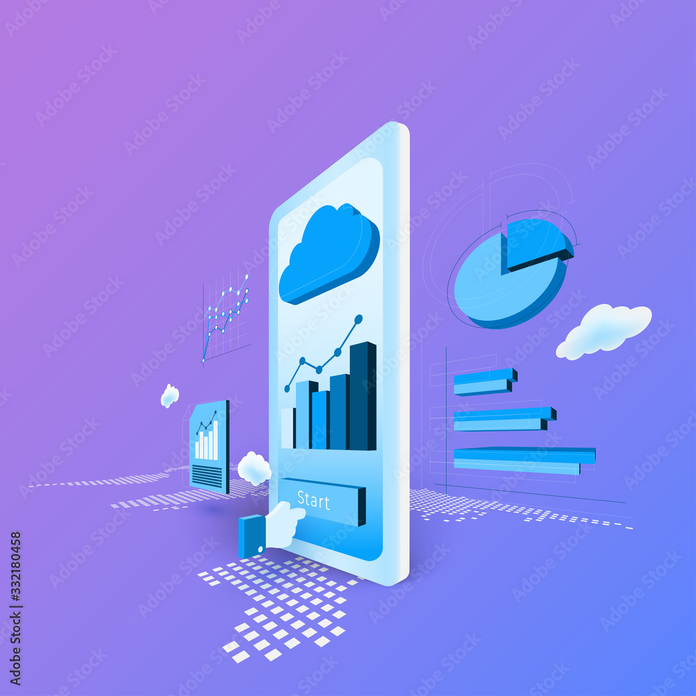 Aufkleber business finance bank service with mobile application. financial report screen with data analytics. 