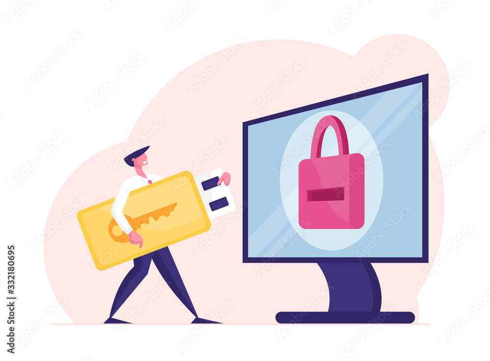 Aufkleber business man character with huge electronic key stand at computer desktop with padlock on screen. ma