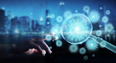 Man analyzing holographic coronavirus projection through magnifying glass 3D rendering