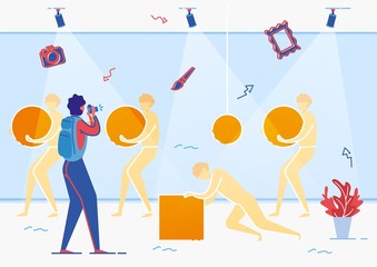 Philosophical Statues Men Carrying Round Objects and Character Pushing Cube on Floor Flat Cartoon Vector Illustration. Person Taking Photo in Modern Art Galleru or Museum. Tourist Visiting.