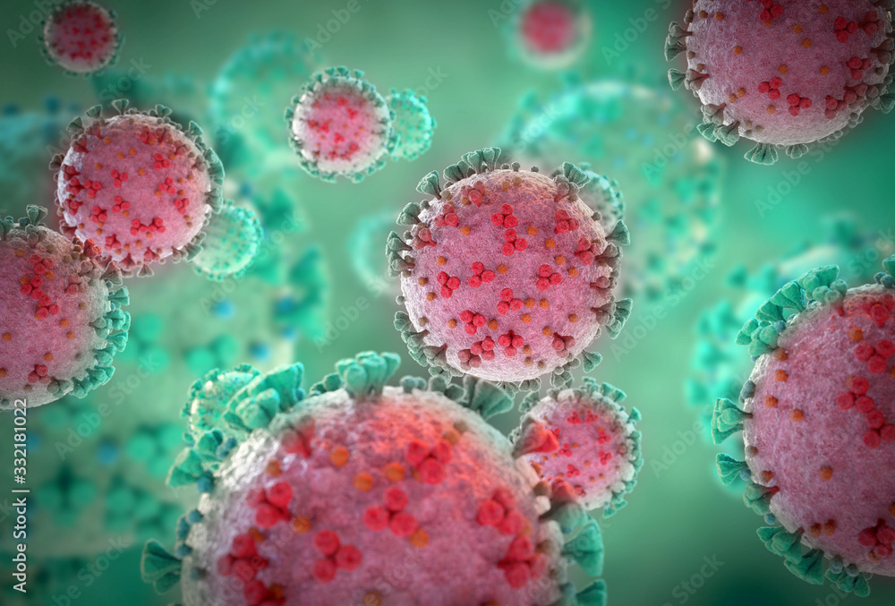 Poster 3d rendering of the coronavirus on a microscopic level. microscope close-up of the covid-19 disease.