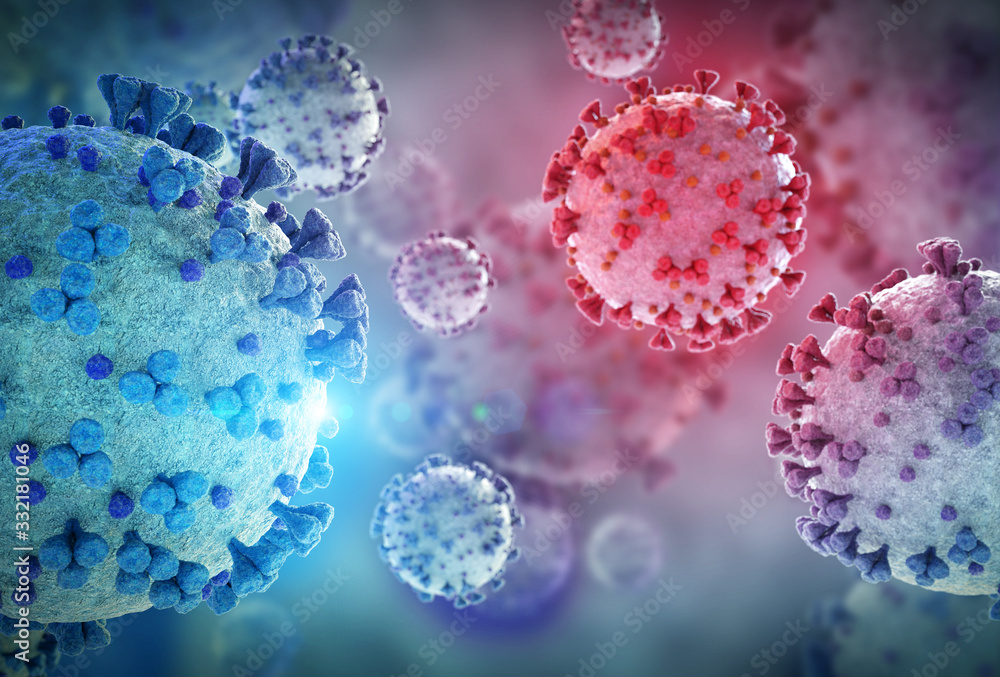 Poster 3d rendering of the coronavirus on a microscopic level. microscope close-up of the covid-19 disease.