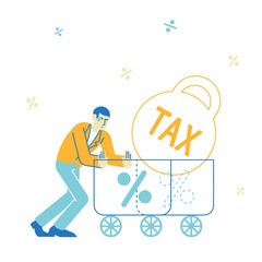 Businessman Pushing Huge Trolley with Weight and Percent Sign. Mortgage, Tax Payment, Bank Credit Loan or Debt Concept. Financial Crisis and Money Burden Problems Metaphor. Linear Vector Illustration
