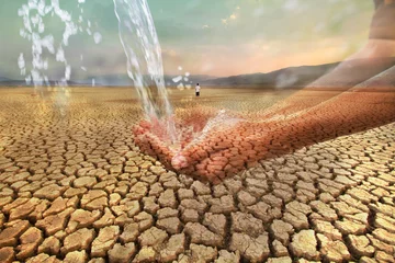 Foto auf Alu-Dibond Hand taking fresh water and Lake dried with empty land full of crakced earth and the man standing on behide metaphor water scarcity and climate change impact. © piyaset