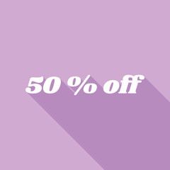 50% off inscription. White Icon with long shadow at purple background. Illustration.