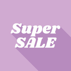 Super Sale inscription. White Icon with long shadow at purple background. Illustration.