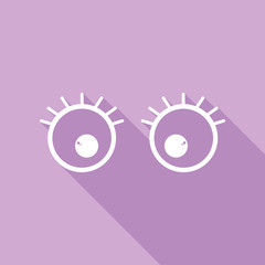 Cartoon eyes with eyelashes. White Icon with long shadow at purple background. Illustration.