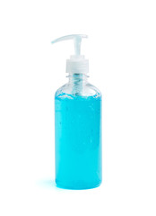 Bottle of hand sanitizer gel for cleaning, clear and prevent spread of virus, bacteria and germs isolated on white background with clipping path. COVID-19 Coronavirus prevention concept.
