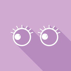 Cartoon eyes with eyelashes. Looking to the left. White Icon with long shadow at purple background. Illustration.