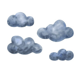 Clouds.Gray clouds. Set of watercolor illustrations. Isolated on a white background. Decorative elements for the night sky and cloudy weather.