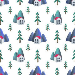 Simple pattern. A white house in the woods. Sweet home. Village in the province , mountains and firs. Children's watercolor illustration on a white background. Minimalistic, modern design. Print 
