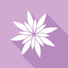 Flower sign. White Icon with long shadow at purple background. Illustration.
