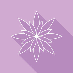 Flower sign. White Icon with long shadow at purple background. Illustration.