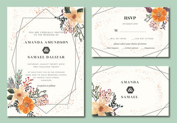 wedding invitation geometric with orchid floral watercolor