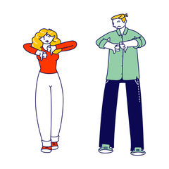 Characters with Dissatisfied Face Show Negative Sign Dislike with Thumbs Down. Rejection, Not Approved and Unhappy Customer Concept. Unsubscribe Internet Content. Linear People Vector Illustration