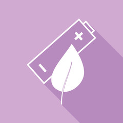 Eco Related sign. White Icon with long shadow at purple background. Illustration.