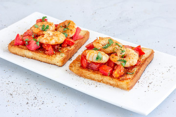 Shrimp Toast on White Platter High Angle Photo on White Background Horizontal Photo