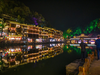 fenghuang,Hunan/China-16 October 2018:Scenery view in the night of fenghuang old town .phoenix ancient town or Fenghuang County is a county of Hunan Province, China