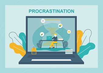 Redeem Time Flat Banner with Hard Working Man. Busy Overworked Businessman on Huge Laptop Screen Performing Deadline, Accumulated Work. Vector Procrastination Illustration in Cartoon Style