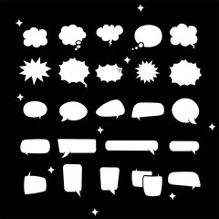Retro empty comic bubbles or speech and thought set icon in white color on an isolated black background. Pop art style, vintage design. EPS 10 vector.