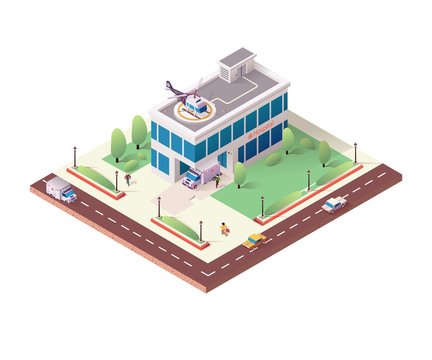Isometric Hospital Building on White Background. Clinic Construction with Ambulances and Helicopter. Ennobled Territory with Plants. People Walk along Street, Cars Drive Road. Flat Vector Illustration