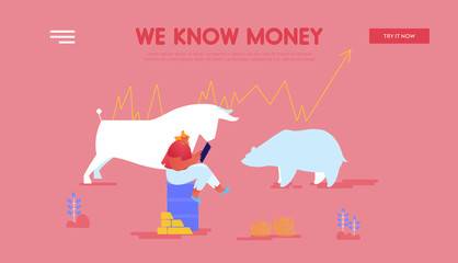 Trader Selling and Buying Bonds, Currency and Metals on Stock Market Landing Page Template. Businesswoman Character Sitting on Oil Barrel with Bear and Bull Silhouettes. Cartoon Vector Illustration