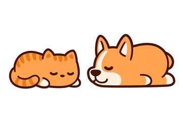 Cute sleeping cat and dog