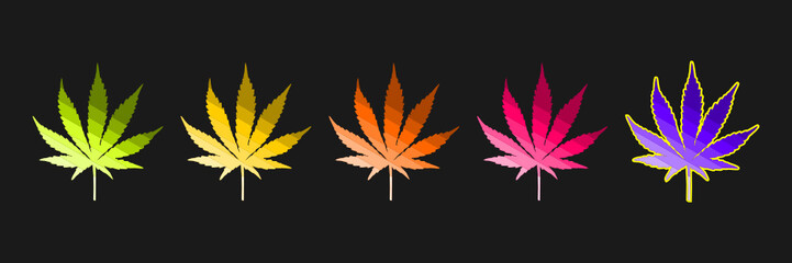 Five Hemp (Canabis) leaves in green, yellow, orange, red, and purple gradients, isolated on black background.